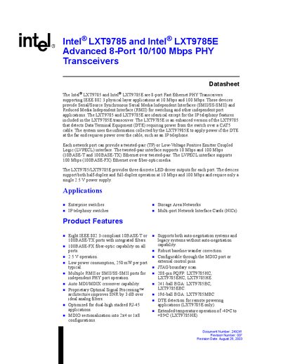 Intel LXT9785/LXT9785E Advanced 8-Port 10/100 Mbps PHY Transceivers Datasheet - cover page