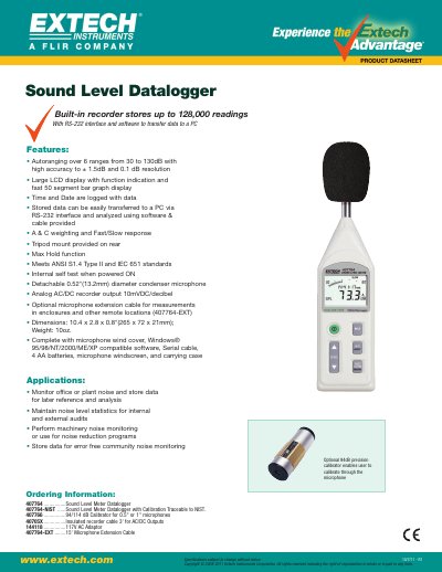 EXTECH 407764 Sound Level Datalogger Product Datasheet - cover page
