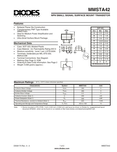 Diodes MMSTA42 NPN Small Signal Transistor Datasheet - cover page