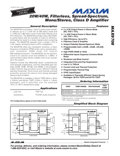 Maxim MAX9708 20W/40W Filterless Spread-Spectrum Mono/Stereo Class D Amplifier Datasheet - cover page