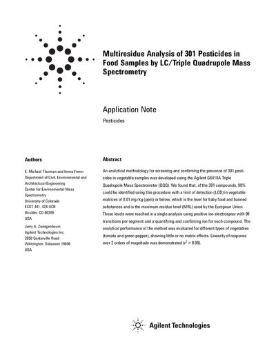 Agilent Multiresidue Analysis of 301 Pesticides in Food Samples by LC/Triple Quadrupole Mass Spectrometry Manual - cover page