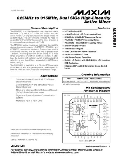Maxim Integrated MAX9981 Active Mixer Datasheet - cover page