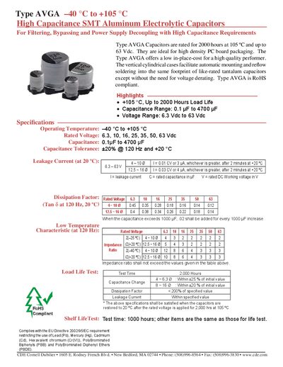 ROHS Compliant Type AVGA 40 &deg;C to +105 &deg;C High Capacitance SMT Aluminum Electrolytic Capacitors - cover page