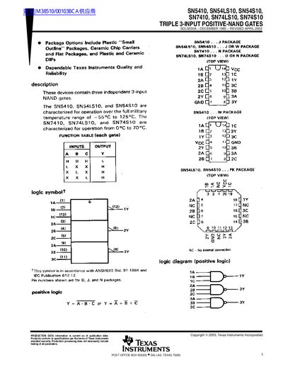 TEXAS INSTRUMENTS SN5410 SN54LS10 SN54S10 SN7410 SN74LS10 SN74S10 handbook