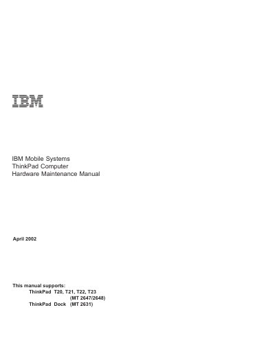 IBM ThinkPad T20/T21/T22/T23 Service Manual - cover page
