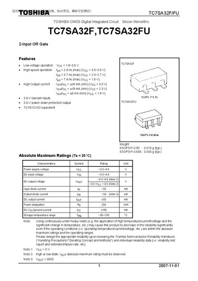 TOSHIBA CMOS Digital Integrated Circuit Silicon Monolithic TC7SA32F TC7SA32FU Manual(1)(1) - cover page
