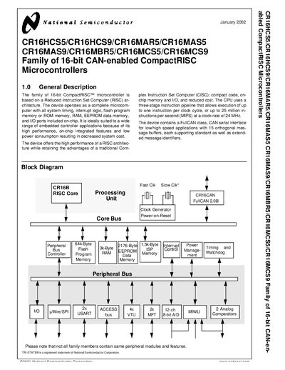 National Semiconductor CR16HCS5/CR16HCS9/CR16MAR5/CR16MAS5/CR16MAS9/CR16MBR5/CR16MCS5/CR16MCS9 16-bit CAN-enabled Compac - cover page