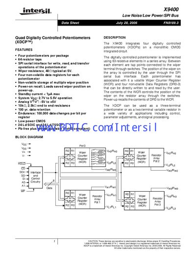 Intersil X9400 Quad Digitally Controlled Potentiometers Data Sheet - cover page