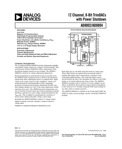 Analog Devices AD8802/AD8804 12‑Channel 8‑Bit TrimDAC Datasheet - cover page