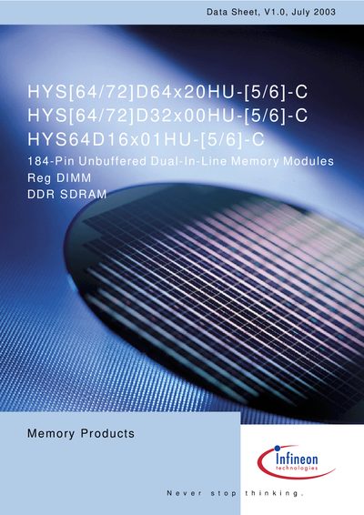 lnfineon HYS[64/72]D64x20HU-[5/6]-C HYS[64/72]D32x00HU-[5/6]-C HYS64D16x01HU-[5/6]-C 184-Pin Unbuffered Dual-In-Line Memory Modules Reg DIMM DDR SDRAM - cover page