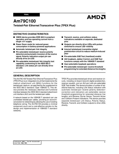 AMD Am79C100 Twisted-Pair Ethernet Transceiver Plus (TPEX Plus) Datasheet - cover page
