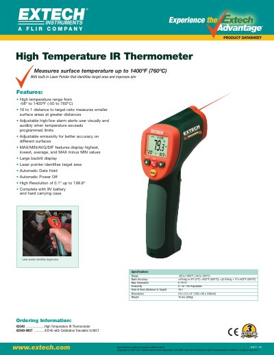 EXTECH 42540-NIST High Temperature IR Thermometer Product Datasheet - cover page