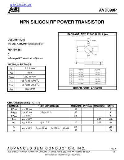 ASI AVD090P NPN Silicon RF Power Transistor Datasheet - cover page