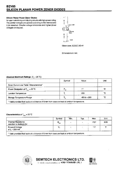 Semtech BZV85 Silicon Planar Power Zener Diode Datasheet - cover page