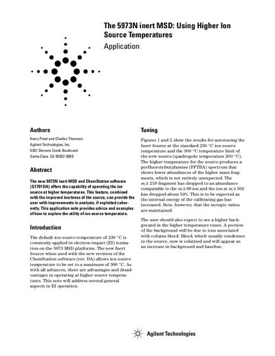 Agilent 5973N Inert MSD Application Note: Using Higher Ion Source Temperatures - cover page