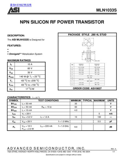 ASI MLN1033S NPN Silicon RF Power Transistor Datasheet - cover page