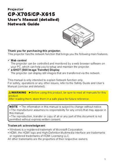 CP-X705/CP-X615 Projector User's Manual (Network Guide) - cover page