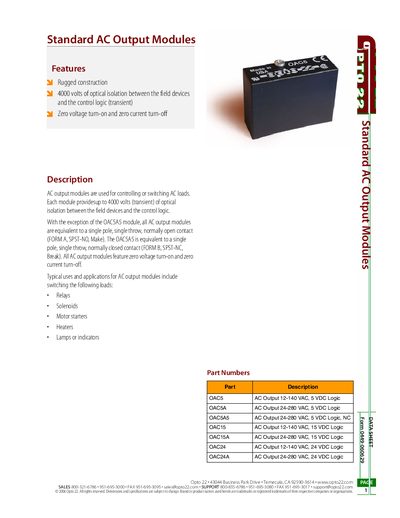 OPTO 22 - Standard AC Output Modules Opto 22 43044 Business Park Drive  Temecula CA 92590-3614 Manual - cover page