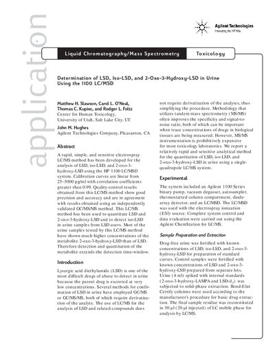 Agilent Determination of LSD iso-LSD 2-Oxo-3-Hydroxy-LSD in Urine Using the HP1100 LC/MSD - cover page