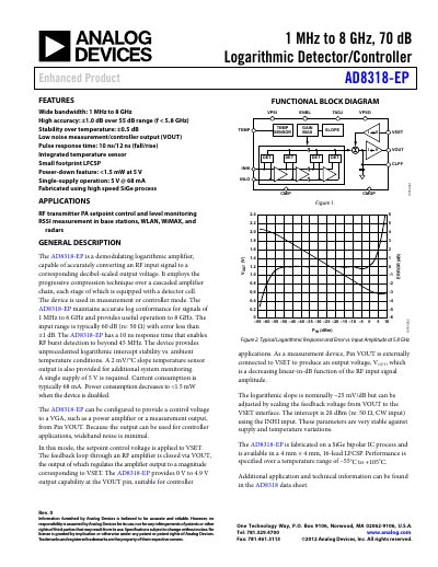 ANALOG DEVICES AD8318-EP: 1 MHz to 8 GHz 70 dB Logarithmic Detector/Controller Data Sheet (Rev 0 2012-07-25-)