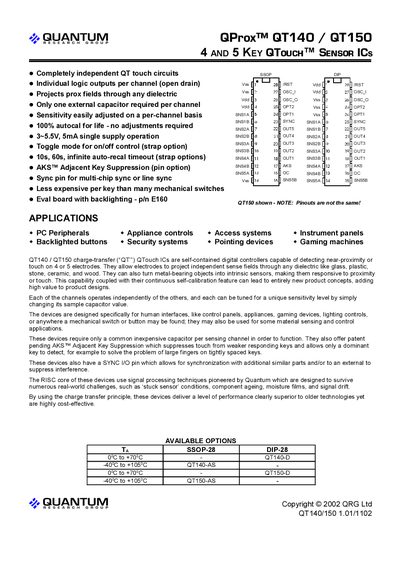 Quantum QT140/QT150 QTouch Sensor IC Datasheet - cover page