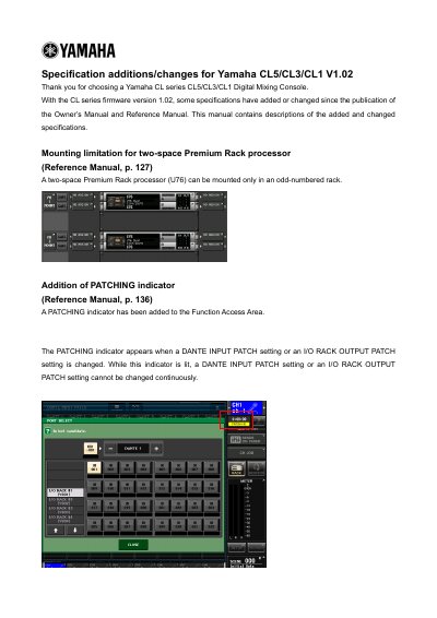 Yamaha CL5/CL3/CL1 Firmware 1.02 Specification Additions Manual - cover page