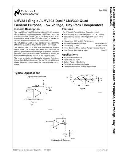 National Semiconductor LMV331/LMV393/LMV339 General Purpose Low Voltage Comparator Datasheet - cover page
