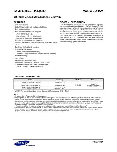 SAMSUNG 4M x 32Bit x 4 Banks Mobile SDRAM in 90FBGA K4M51323LE - M(E)C/L/F February 2004 Mobile-SDRAM handbook - cover page