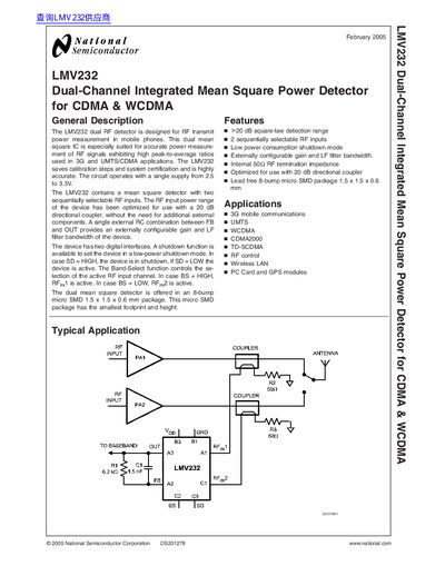 National Semiconductor LMV232 Dual-Channel Integrated Mean Square Power Detector Datasheet - cover page