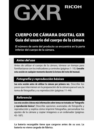 Ricoh GXR Digital Camera Body User Guide - cover page