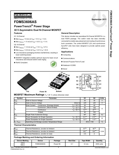 Fairchild FDMS3606AS PowerTrench Asymmetric Dual N-Channel MOSFET Datasheet - cover page