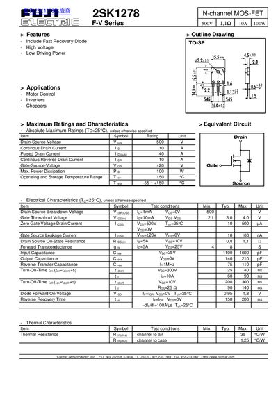 Collmer 2SK1278 N-channel MOSFET Datasheet - cover page