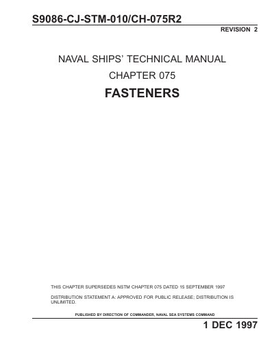Naval Sea Systems Command Chapter 075 Fasteners Service Manual - cover page