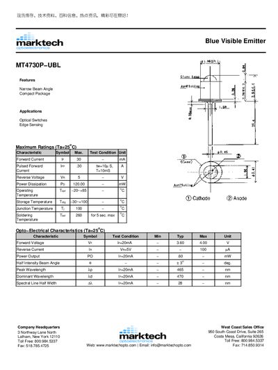 Marktech MT4730P-UBL Blue Visible Emitter Datasheet - cover page
