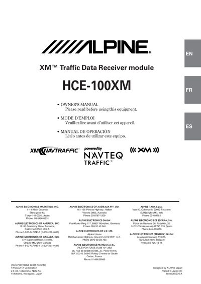 Alpine HCE-100XM XM Traffic Data Receiver Module Owner's Manual - cover page