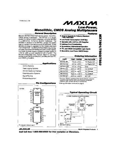 Maxim MX7501/7502/7503 Analog Multiplexer Datasheet - cover page