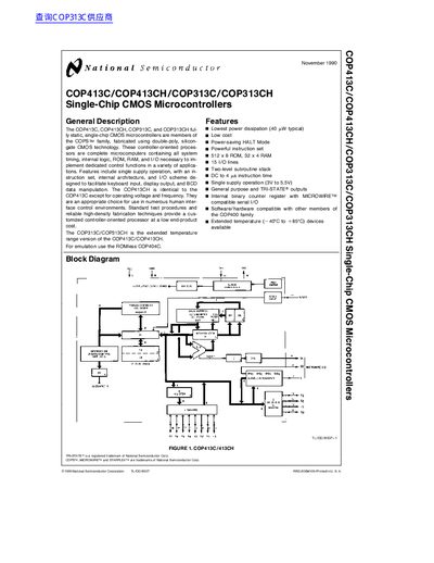 National Semiconductor COP413C/COP413CH/COP313C/COP313CH Single-Chip CMOS Microcontrollers Datasheet - cover page