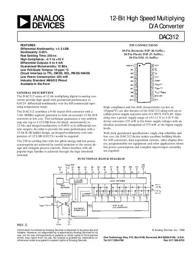 Analog Devices DAC312 12‑Bit High‑Speed Multiplying D/A Converter User Manual - cover page