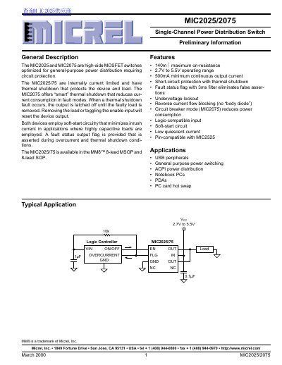 Micrel MIC2025/2075 Single-Channel Power Distribution Switch Datasheet - cover page