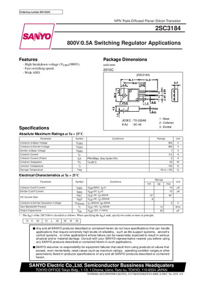 SANYO 2SC3184 NPN Transistor Datasheet - cover page