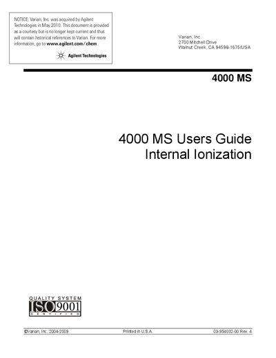 Agilent Technologies 4000 MS Internal Ionization User Guide - cover page