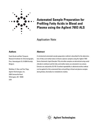 Agilent 7693A ALS Automated Sample Preparation for Fatty Acids Application Note - cover page
