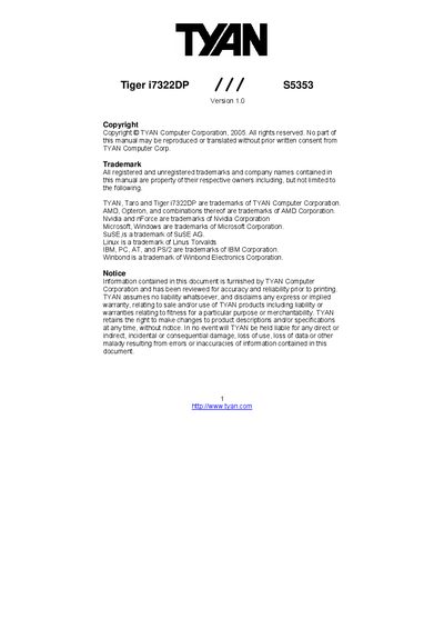 TYAN Tiger i7322DP S5353 User Manual - cover page