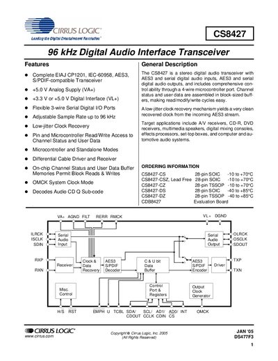 Cirrus Logic CS8427 Digital Audio Interface Transceiver User Manual - cover page