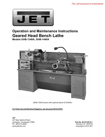 JET GHB-1340A and GHB-1440A Geared Head Bench Lathe Operation and Maintenance Instructions - cover page