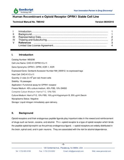 GENSCRIPT Human Recombinant &kappa;-Opioid Receptor OPRK1 Stable Cell Line Version 06042010 user manual