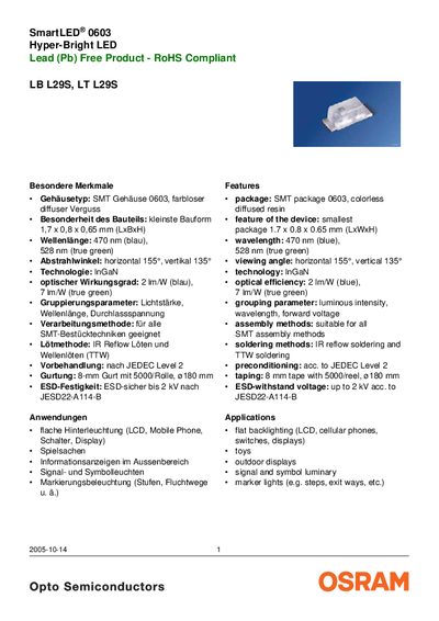 OSRAM LB L29S / LT L29S LED Datasheet - cover page