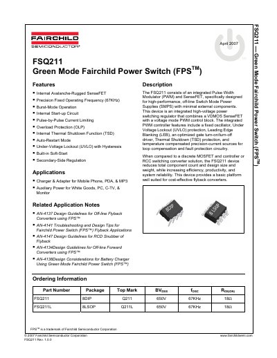 Fairchild Semiconductor FSQ211 Green Mode Fairchild Power Switch Datasheet - cover page
