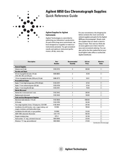 Agilent 6850 Gas Chromatograph Supplies Quick Reference Guide - cover page