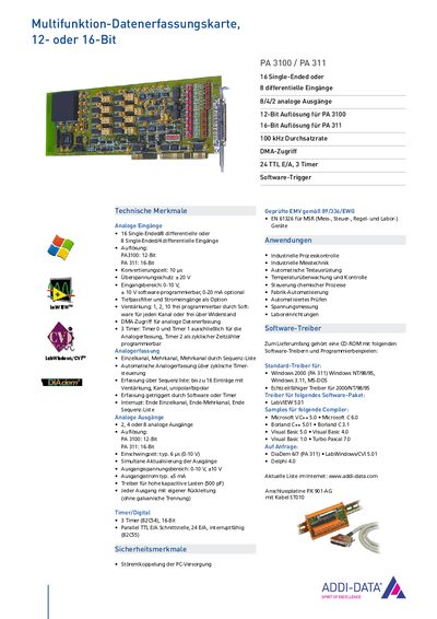 Addi-Data PA3100/PA311 Data Acquisition Card Datasheet - cover page
